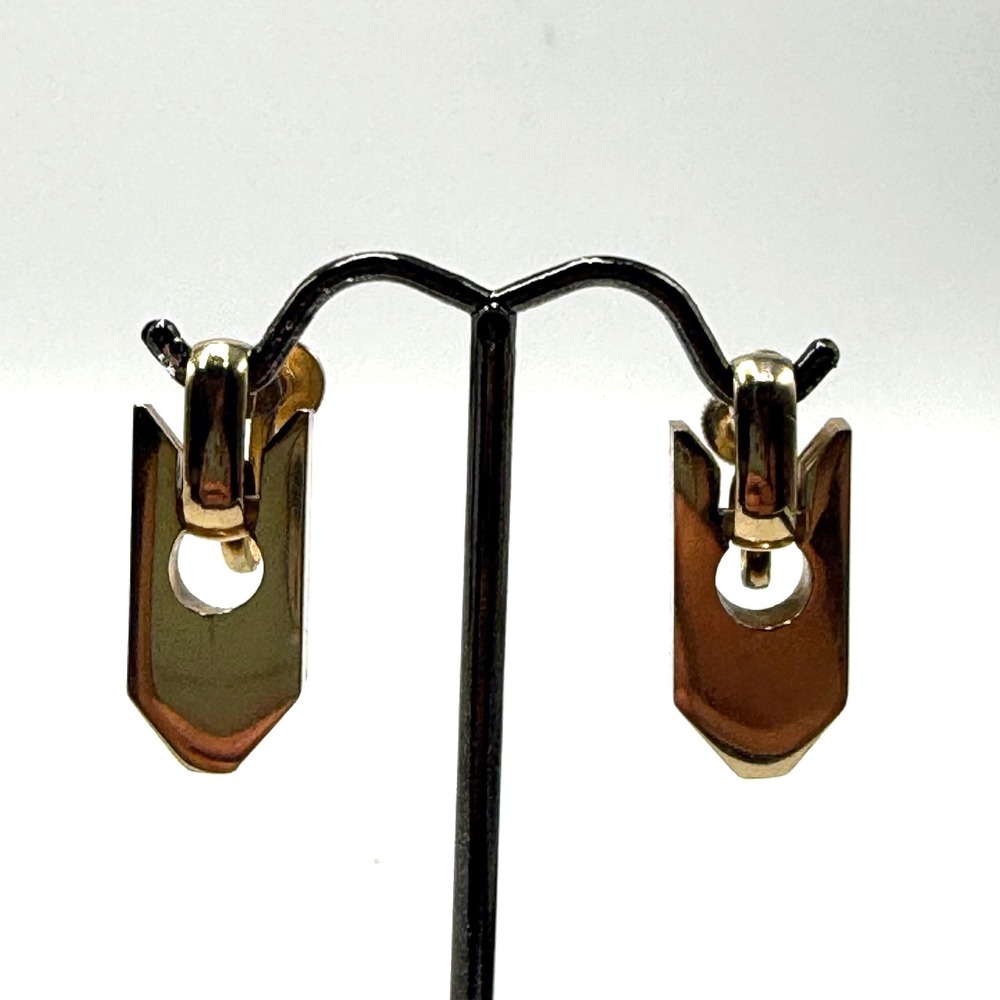 Vintage Gold Tone Geometric Shield Drop Screw Back Earrings Mid Century Modern